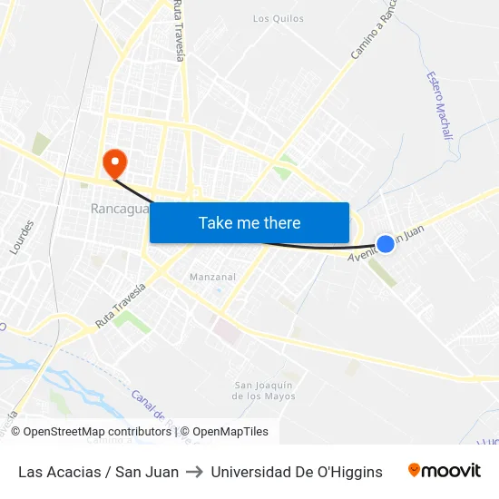 Las Acacias / San Juan to Universidad De O'Higgins map