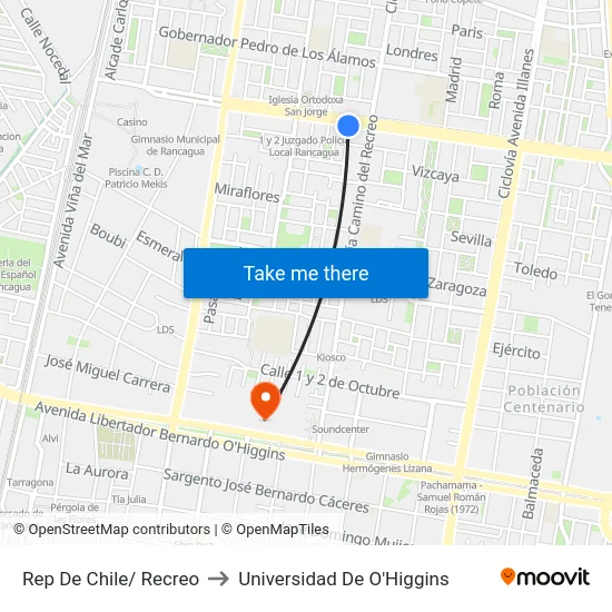Rep De Chile/ Recreo to Universidad De O'Higgins map