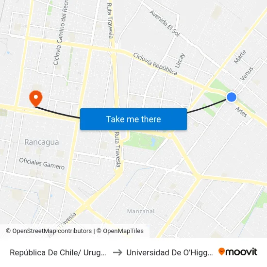 República De Chile/ Uruguay to Universidad De O'Higgins map