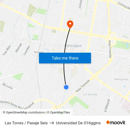 Las Torres / Pasaje Seis to Universidad De O'Higgins map