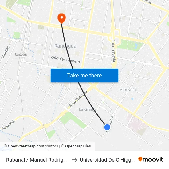 Rabanal / Manuel Rodriguez to Universidad De O'Higgins map