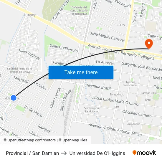 Provincial / San Damian to Universidad De O'Higgins map