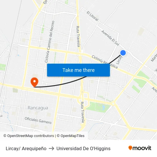 Lircay/ Arequipeño to Universidad De O'Higgins map