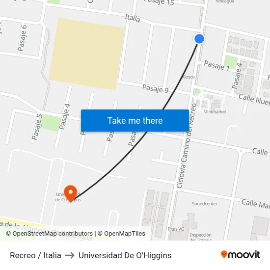 Recreo / Italia to Universidad De O'Higgins map