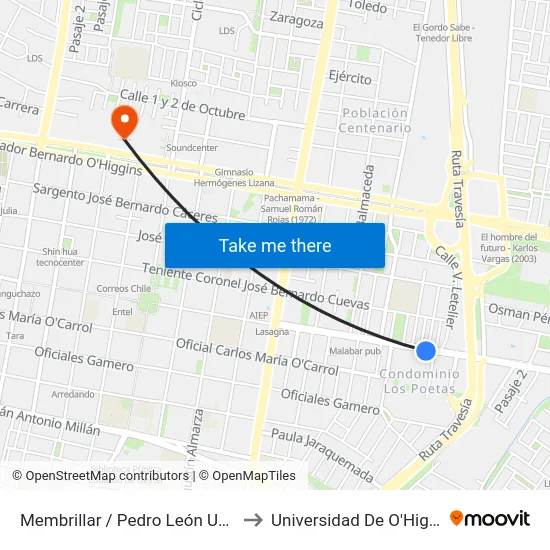 Membrillar / Pedro León Ugalde to Universidad De O'Higgins map