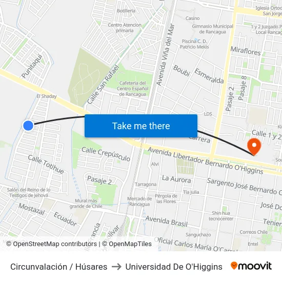 Circunvalación / Húsares to Universidad De O'Higgins map