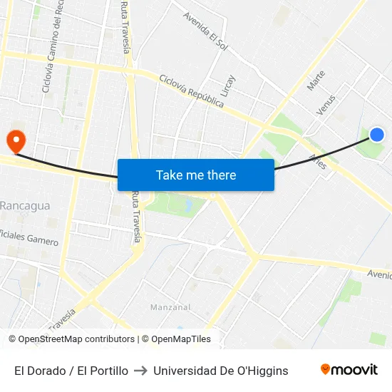 El Dorado  / El Portillo to Universidad De O'Higgins map