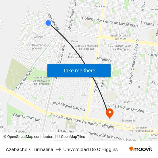 Azabache / Turmalina to Universidad De O'Higgins map