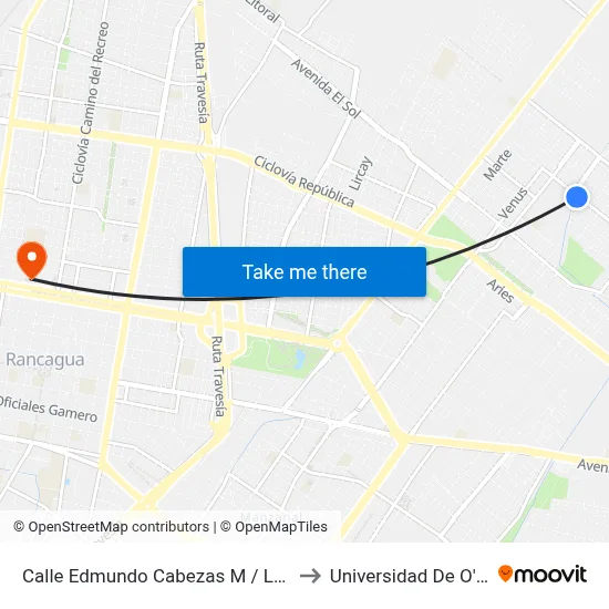 Calle Edmundo Cabezas M / Los Glaciales to Universidad De O'Higgins map