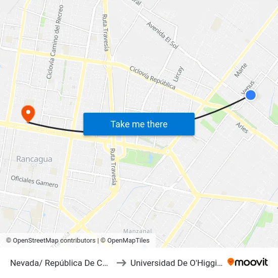 Nevada/ República De Chile to Universidad De O'Higgins map