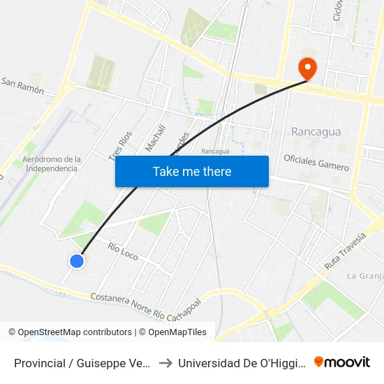 Provincial / Guiseppe Verdi to Universidad De O'Higgins map
