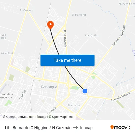 Lib. Bernardo O'Higgins / N Guzmán to Inacap map
