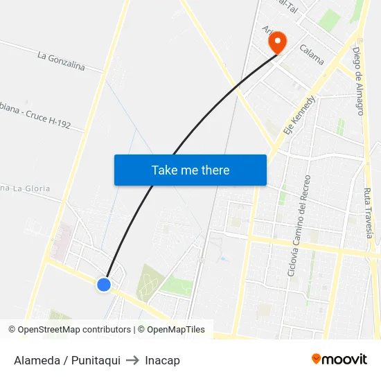Alameda / Punitaqui to Inacap map