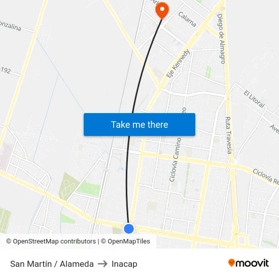 San Martín / Alameda to Inacap map