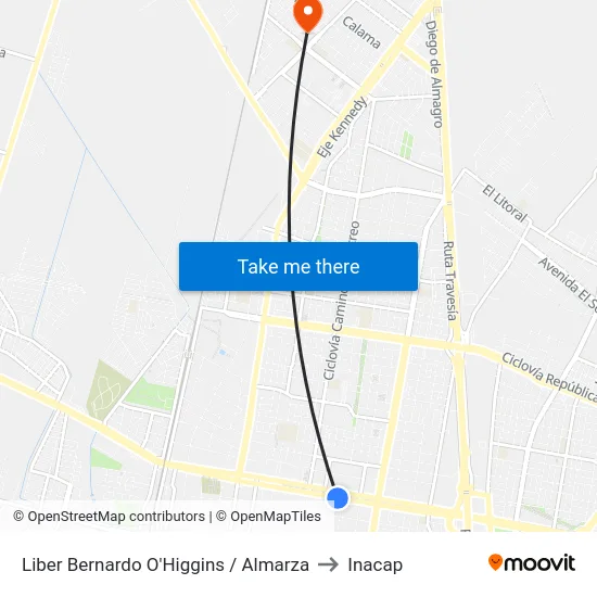 Liber Bernardo O'Higgins / Almarza to Inacap map