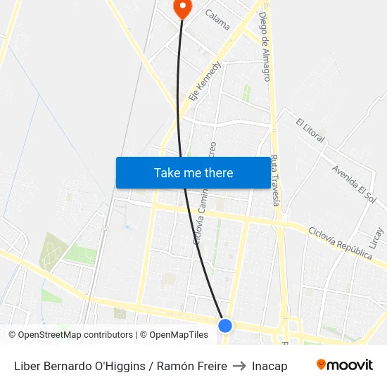 Liber Bernardo O'Higgins / Ramón Freire to Inacap map