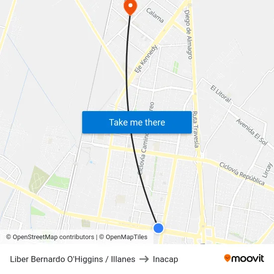 Liber Bernardo O'Higgins / Illanes to Inacap map