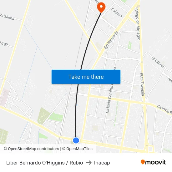 Liber Bernardo O'Higgins / Rubio to Inacap map