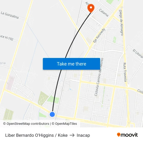 Liber Bernardo O'Higgins / Koke to Inacap map