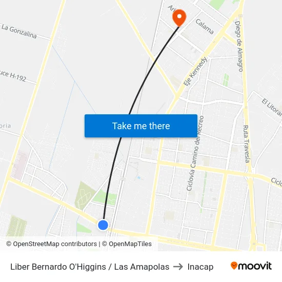 Liber Bernardo O'Higgins / Las Amapolas to Inacap map