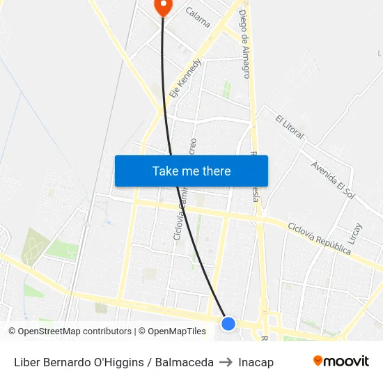 Liber Bernardo O'Higgins / Balmaceda to Inacap map