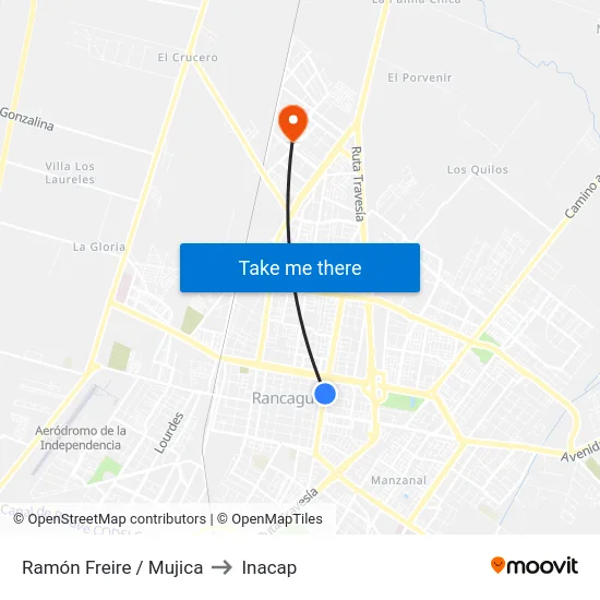 Ramón Freire / Mujica to Inacap map