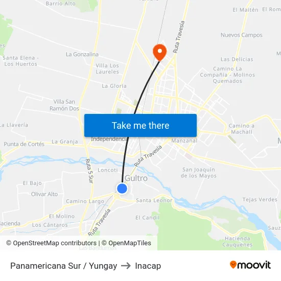 Panamericana Sur / Yungay to Inacap map