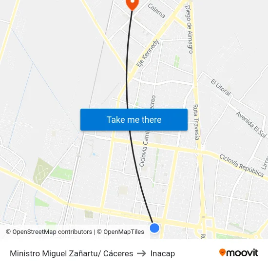 Ministro Miguel Zañartu/ Cáceres to Inacap map