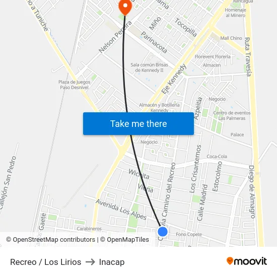 Recreo / Los Lirios to Inacap map