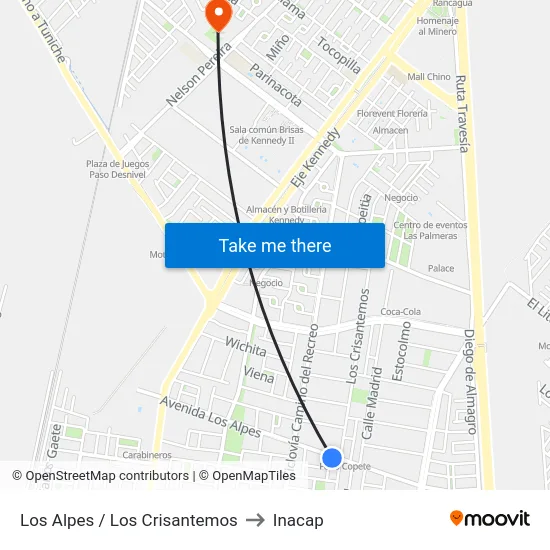Los Alpes / Los Crisantemos to Inacap map