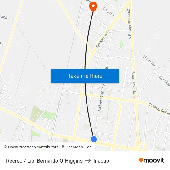 Recreo / Lib. Bernardo O´Higgins to Inacap map