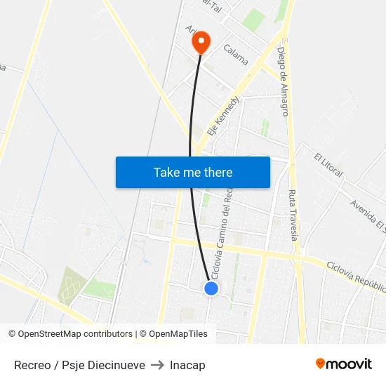 Recreo / Psje Diecinueve to Inacap map