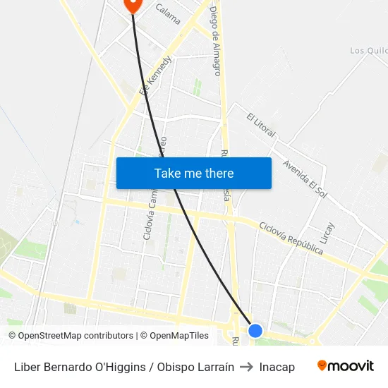 Liber Bernardo O'Higgins / Obispo Larraín to Inacap map
