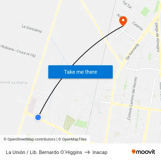 La Unión / Lib. Bernardo O´Higgins to Inacap map