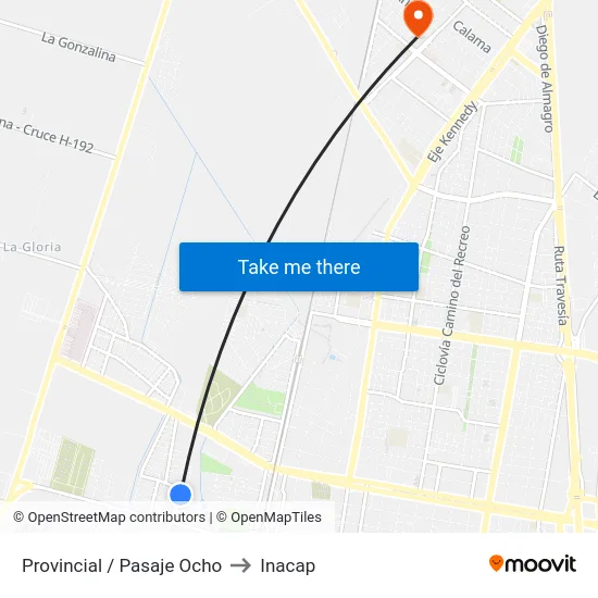 Provincial / Pasaje Ocho to Inacap map