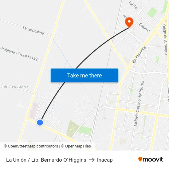 La Unión / Lib. Bernardo O´Higgins to Inacap map