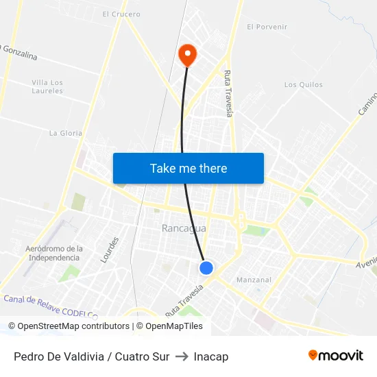 Pedro De Valdivia / Cuatro Sur to Inacap map