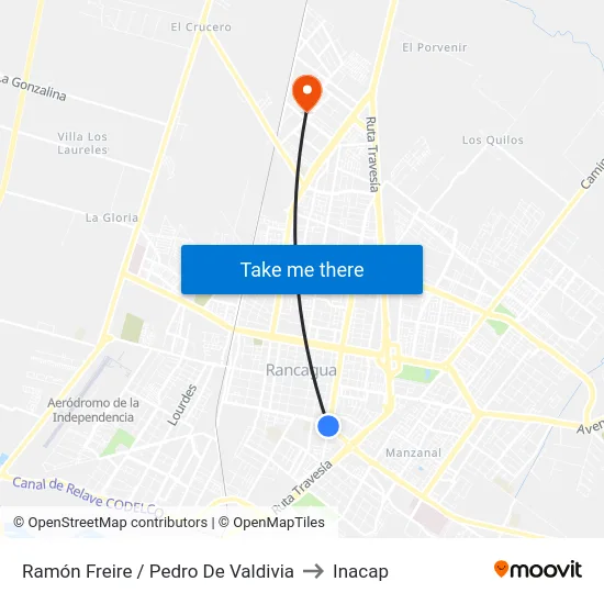 Ramón Freire / Pedro De Valdivia to Inacap map