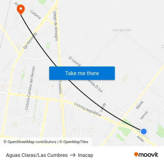 Aguas Claras/Las Cumbres to Inacap map