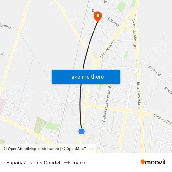 España/ Carlos Condell to Inacap map