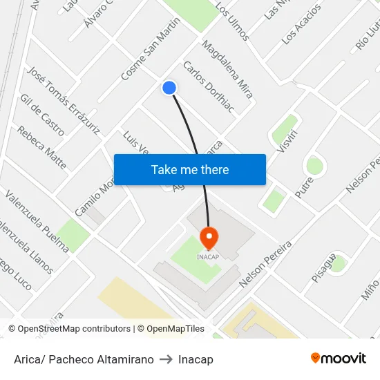 Arica/ Pacheco Altamirano to Inacap map