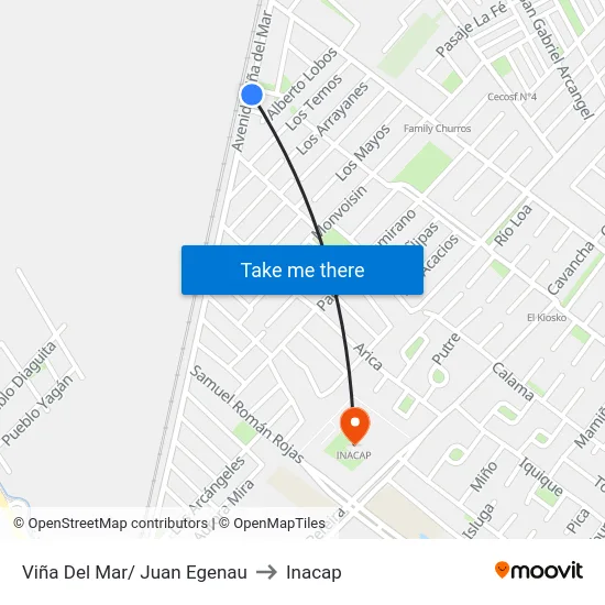 Viña Del Mar/ Juan Egenau to Inacap map