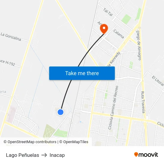 Lago Peñuelas to Inacap map