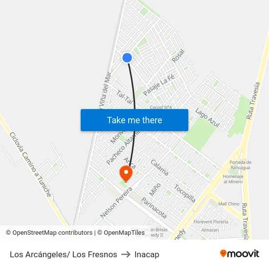 Los Arcángeles/ Los Fresnos to Inacap map