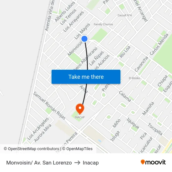 Monvoisin/ Av. San Lorenzo to Inacap map