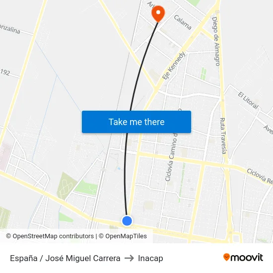 España / José Miguel Carrera to Inacap map