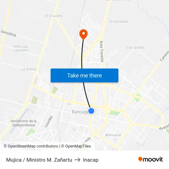 Mujica / Ministro M. Zañartu to Inacap map