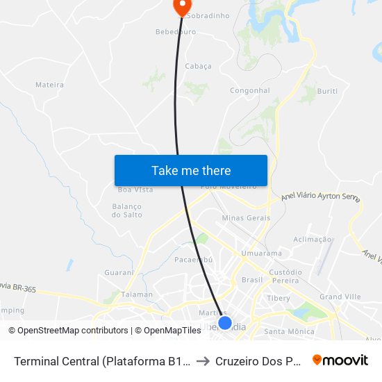 Terminal Central (Plataforma B1 - Amarelo) to Cruzeiro Dos Peixotos map