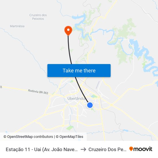 Estação 11 - Uai (Av. João Naves De Ávila) to Cruzeiro Dos Peixotos map