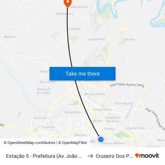 Estação 5 - Prefeitura (Av. João Naves De Ávila) to Cruzeiro Dos Peixotos map